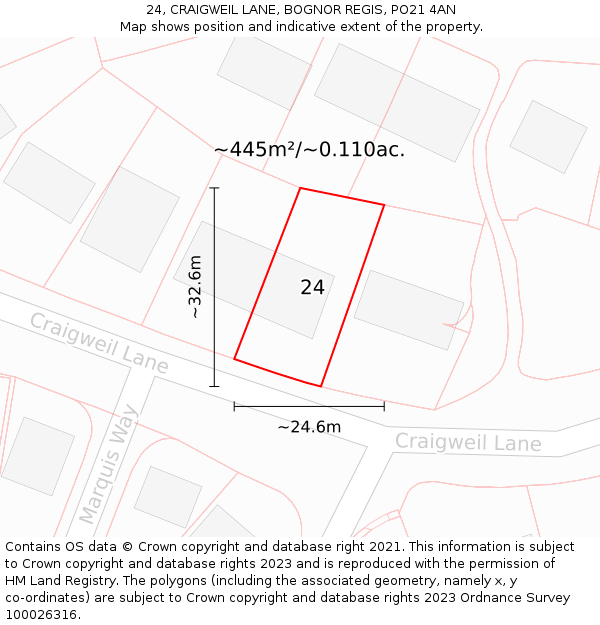 24, CRAIGWEIL LANE, BOGNOR REGIS, PO21 4AN: Plot and title map