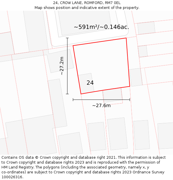 24, CROW LANE, ROMFORD, RM7 0EL: Plot and title map