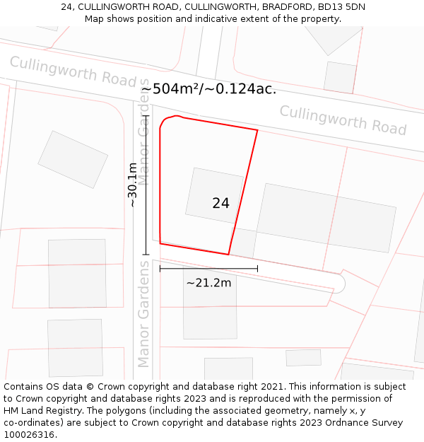 24, CULLINGWORTH ROAD, CULLINGWORTH, BRADFORD, BD13 5DN: Plot and title map