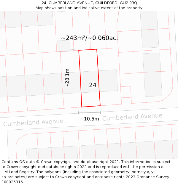 24, CUMBERLAND AVENUE, GUILDFORD, GU2 9RQ: Plot and title map