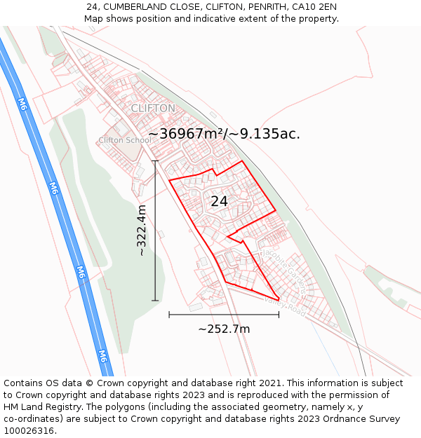 24, CUMBERLAND CLOSE, CLIFTON, PENRITH, CA10 2EN: Plot and title map