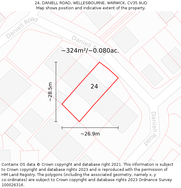 24, DANIELL ROAD, WELLESBOURNE, WARWICK, CV35 9UD: Plot and title map