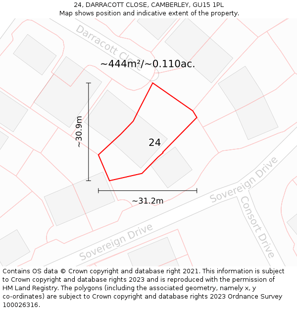 24, DARRACOTT CLOSE, CAMBERLEY, GU15 1PL: Plot and title map