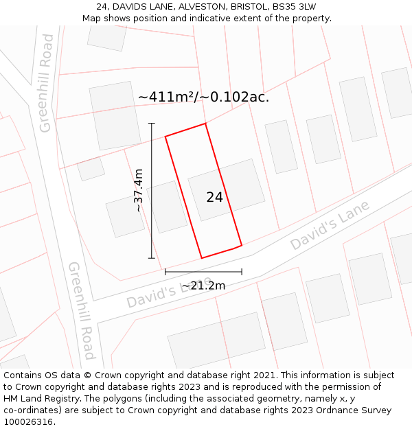 24, DAVIDS LANE, ALVESTON, BRISTOL, BS35 3LW: Plot and title map