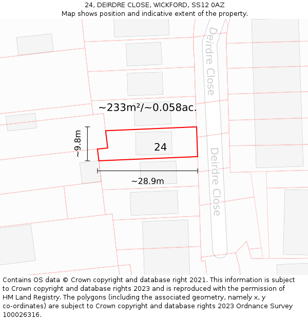 24, DEIRDRE CLOSE, WICKFORD, SS12 0AZ: Plot and title map