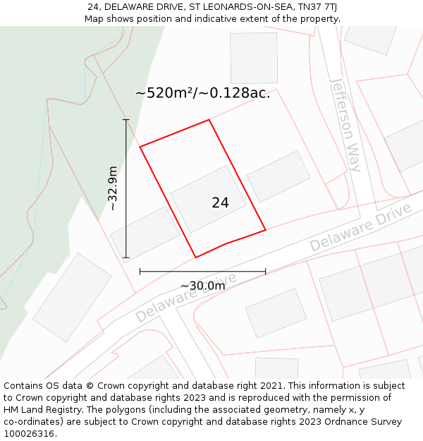 24, DELAWARE DRIVE, ST LEONARDS-ON-SEA, TN37 7TJ: Plot and title map