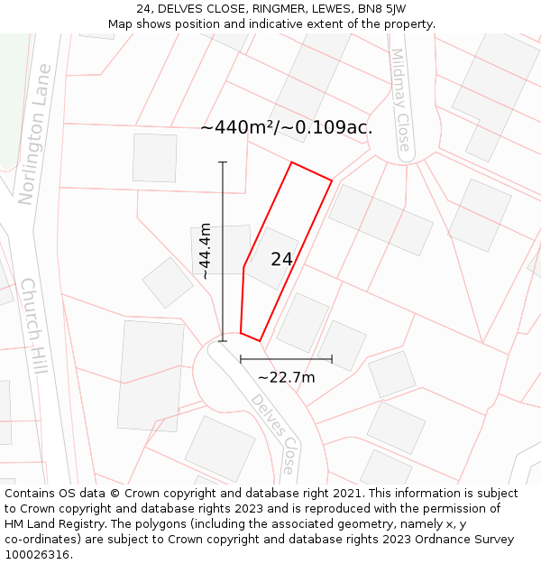 24, DELVES CLOSE, RINGMER, LEWES, BN8 5JW: Plot and title map
