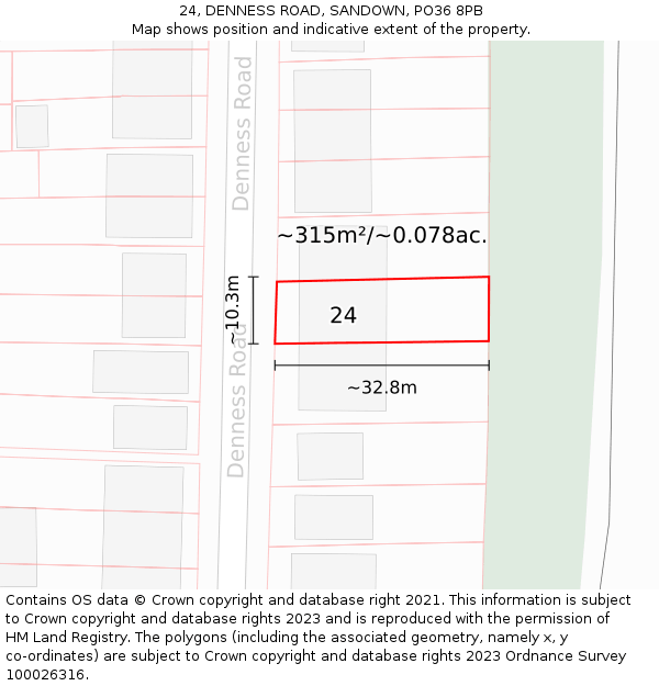 24, DENNESS ROAD, SANDOWN, PO36 8PB: Plot and title map