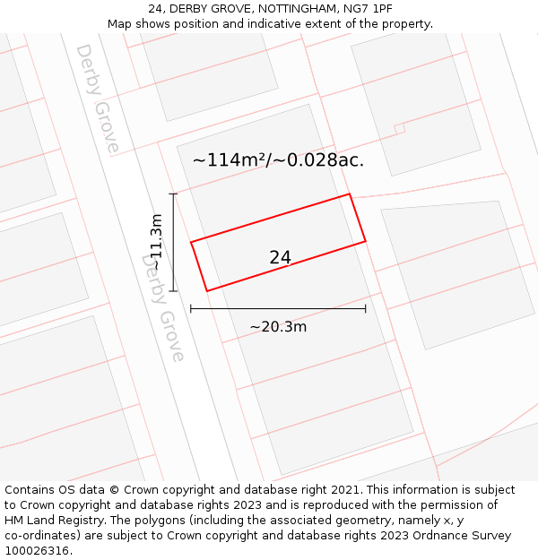 24, DERBY GROVE, NOTTINGHAM, NG7 1PF: Plot and title map