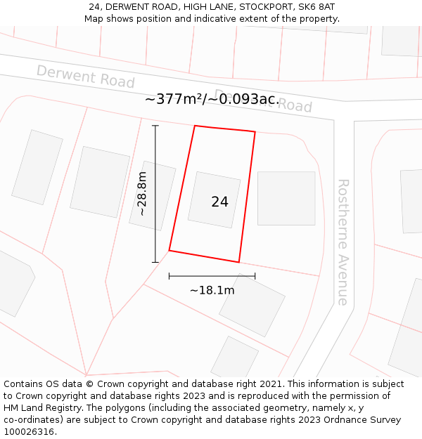 24, DERWENT ROAD, HIGH LANE, STOCKPORT, SK6 8AT: Plot and title map