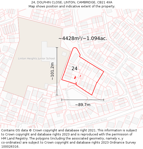 24, DOLPHIN CLOSE, LINTON, CAMBRIDGE, CB21 4XA: Plot and title map