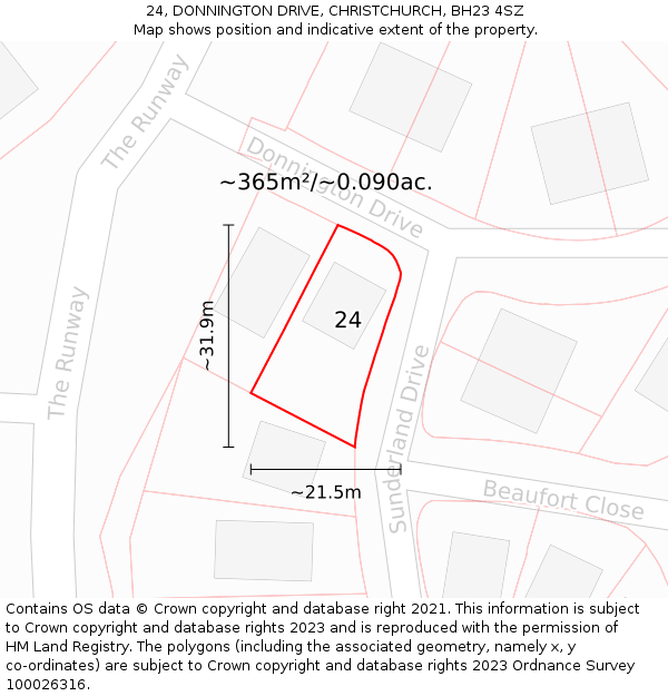 24, DONNINGTON DRIVE, CHRISTCHURCH, BH23 4SZ: Plot and title map