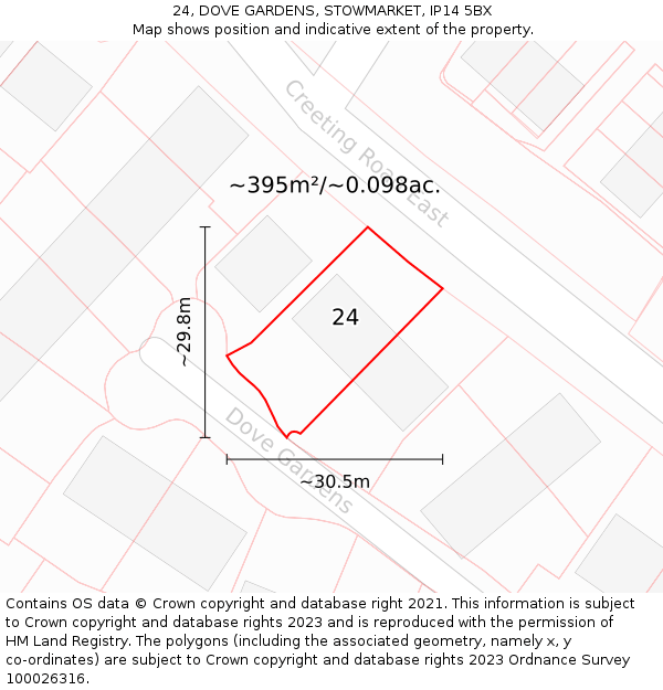 24, DOVE GARDENS, STOWMARKET, IP14 5BX: Plot and title map