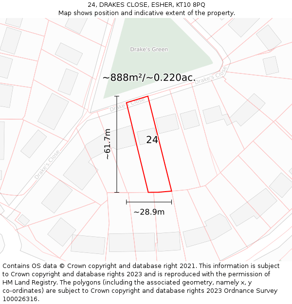 24, DRAKES CLOSE, ESHER, KT10 8PQ: Plot and title map