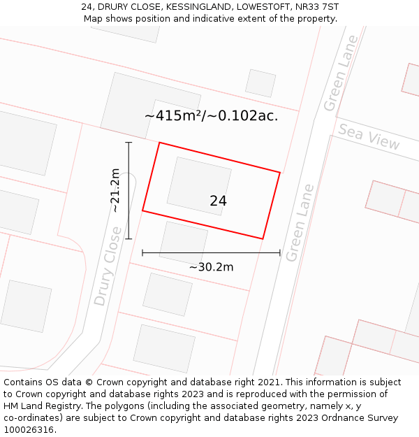 24, DRURY CLOSE, KESSINGLAND, LOWESTOFT, NR33 7ST: Plot and title map