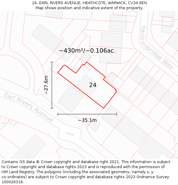 24, EARL RIVERS AVENUE, HEATHCOTE, WARWICK, CV34 6EN: Plot and title map