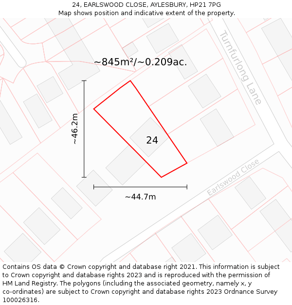 24, EARLSWOOD CLOSE, AYLESBURY, HP21 7PG: Plot and title map