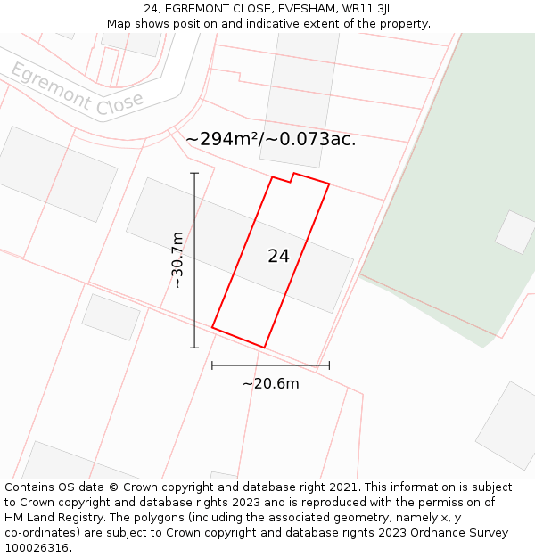 24, EGREMONT CLOSE, EVESHAM, WR11 3JL: Plot and title map