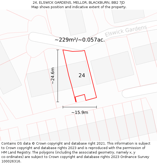 24, ELSWICK GARDENS, MELLOR, BLACKBURN, BB2 7JD: Plot and title map