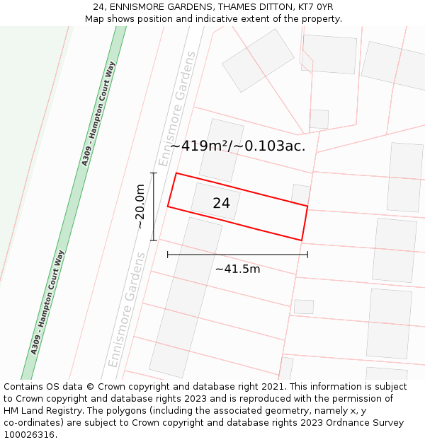 24, ENNISMORE GARDENS, THAMES DITTON, KT7 0YR: Plot and title map