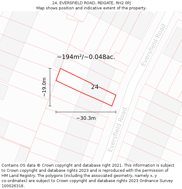 24, EVERSFIELD ROAD, REIGATE, RH2 0PJ: Plot and title map