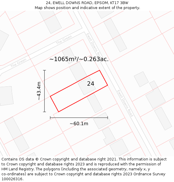 24, EWELL DOWNS ROAD, EPSOM, KT17 3BW: Plot and title map