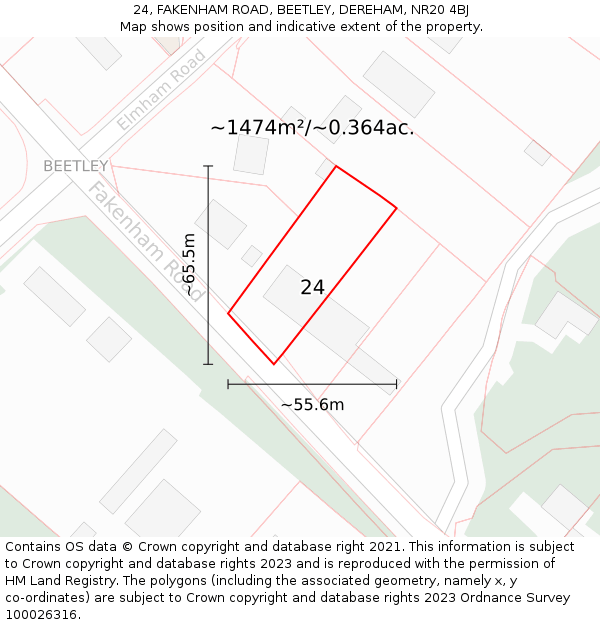 24, FAKENHAM ROAD, BEETLEY, DEREHAM, NR20 4BJ: Plot and title map