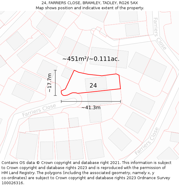 24, FARRIERS CLOSE, BRAMLEY, TADLEY, RG26 5AX: Plot and title map