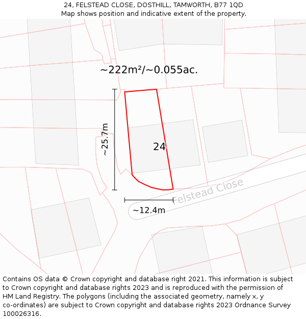 24, FELSTEAD CLOSE, DOSTHILL, TAMWORTH, B77 1QD: Plot and title map