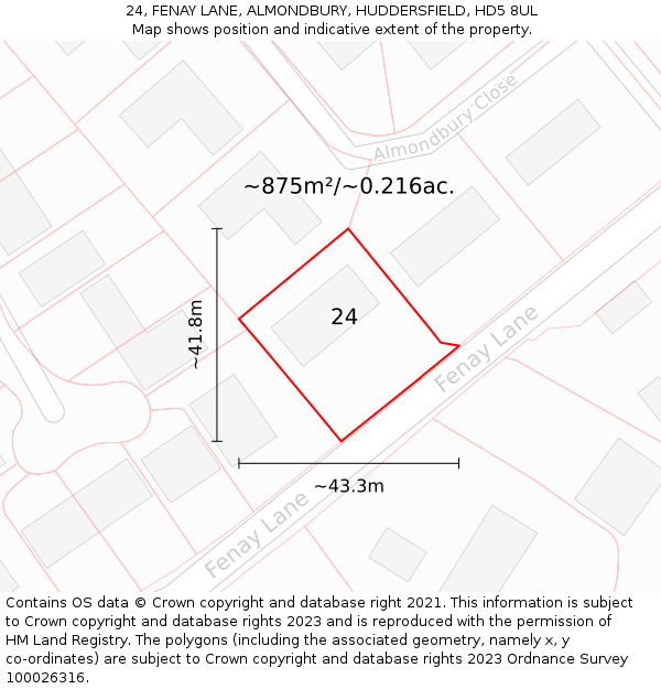 24, FENAY LANE, ALMONDBURY, HUDDERSFIELD, HD5 8UL: Plot and title map