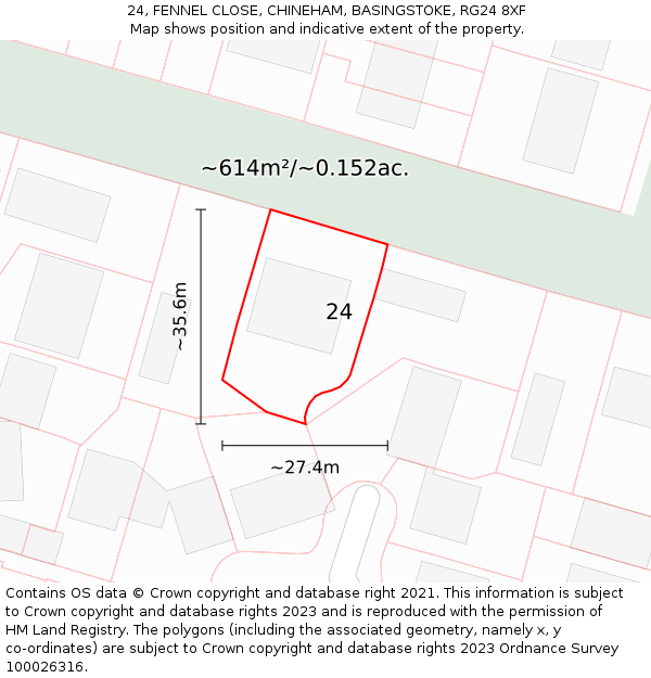 24, FENNEL CLOSE, CHINEHAM, BASINGSTOKE, RG24 8XF: Plot and title map