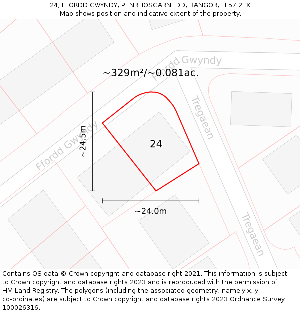 24, FFORDD GWYNDY, PENRHOSGARNEDD, BANGOR, LL57 2EX: Plot and title map