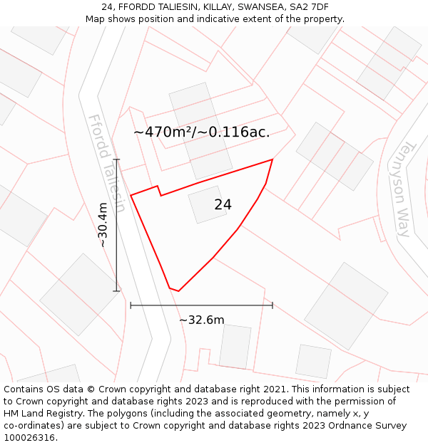 24, FFORDD TALIESIN, KILLAY, SWANSEA, SA2 7DF: Plot and title map