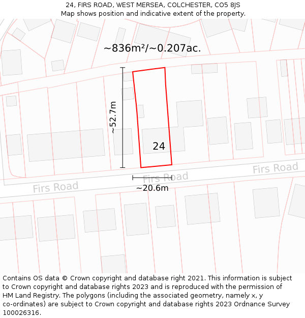 24, FIRS ROAD, WEST MERSEA, COLCHESTER, CO5 8JS: Plot and title map