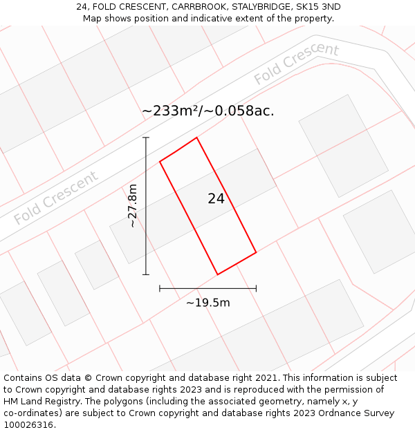 24, FOLD CRESCENT, CARRBROOK, STALYBRIDGE, SK15 3ND: Plot and title map