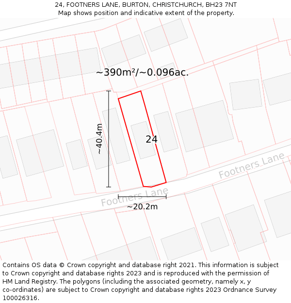 24, FOOTNERS LANE, BURTON, CHRISTCHURCH, BH23 7NT: Plot and title map