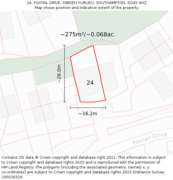 24, FOXTAIL DRIVE, DIBDEN PURLIEU, SOUTHAMPTON, SO45 4NZ: Plot and title map