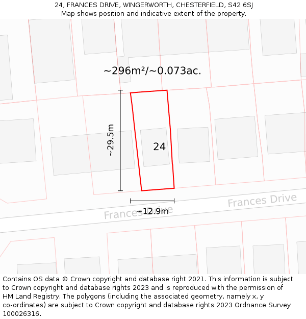 24, FRANCES DRIVE, WINGERWORTH, CHESTERFIELD, S42 6SJ: Plot and title map