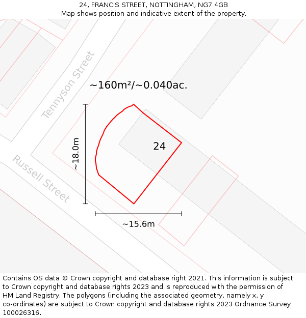 24, FRANCIS STREET, NOTTINGHAM, NG7 4GB: Plot and title map