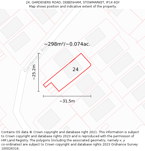 24, GARDENERS ROAD, DEBENHAM, STOWMARKET, IP14 6QY: Plot and title map