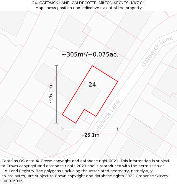 24, GATEWICK LANE, CALDECOTTE, MILTON KEYNES, MK7 8LJ: Plot and title map