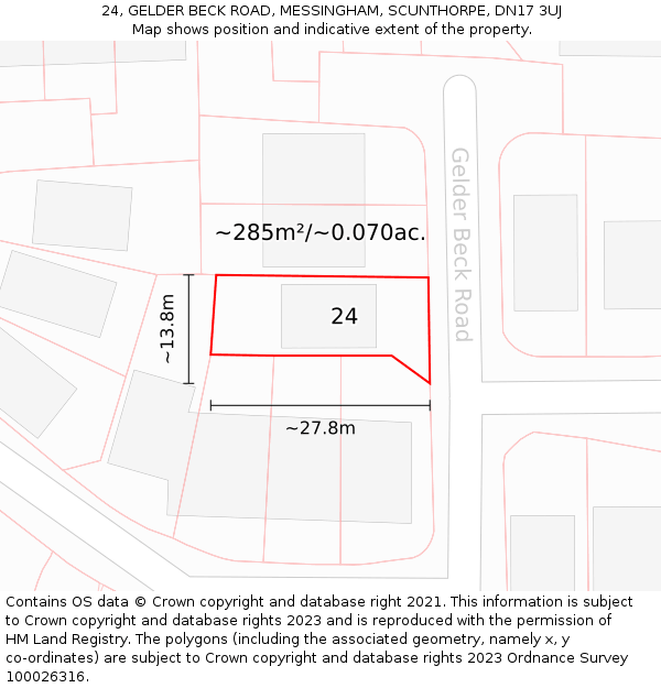 24, GELDER BECK ROAD, MESSINGHAM, SCUNTHORPE, DN17 3UJ: Plot and title map