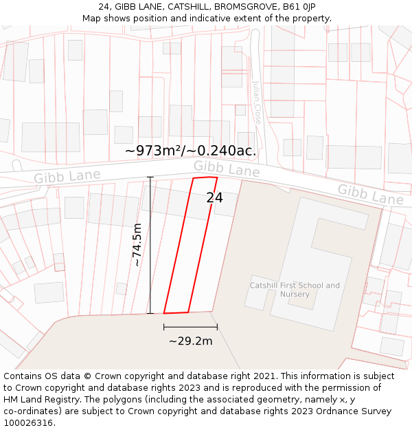 24, GIBB LANE, CATSHILL, BROMSGROVE, B61 0JP: Plot and title map
