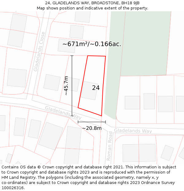 24, GLADELANDS WAY, BROADSTONE, BH18 9JB: Plot and title map