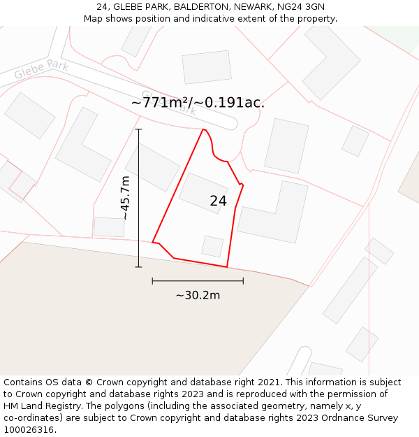 24, GLEBE PARK, BALDERTON, NEWARK, NG24 3GN: Plot and title map