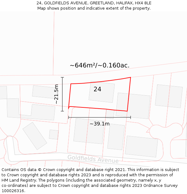 24, GOLDFIELDS AVENUE, GREETLAND, HALIFAX, HX4 8LE: Plot and title map