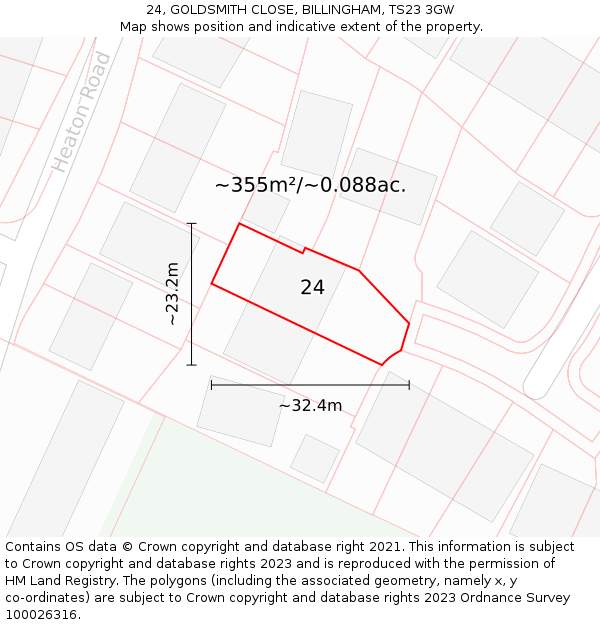 24, GOLDSMITH CLOSE, BILLINGHAM, TS23 3GW: Plot and title map