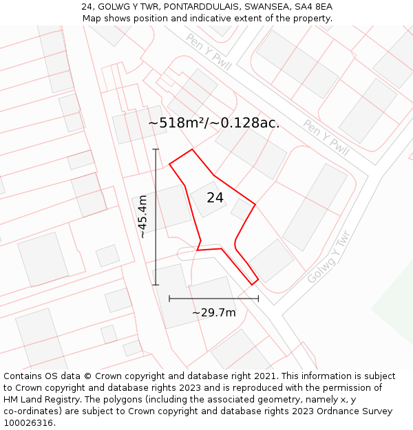 24, GOLWG Y TWR, PONTARDDULAIS, SWANSEA, SA4 8EA: Plot and title map