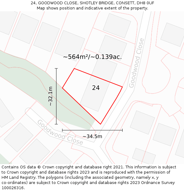 24, GOODWOOD CLOSE, SHOTLEY BRIDGE, CONSETT, DH8 0UF: Plot and title map