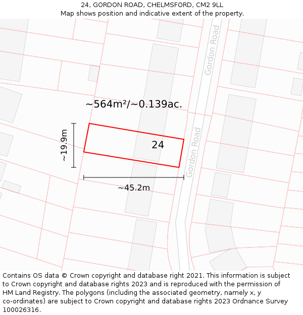 24, GORDON ROAD, CHELMSFORD, CM2 9LL: Plot and title map